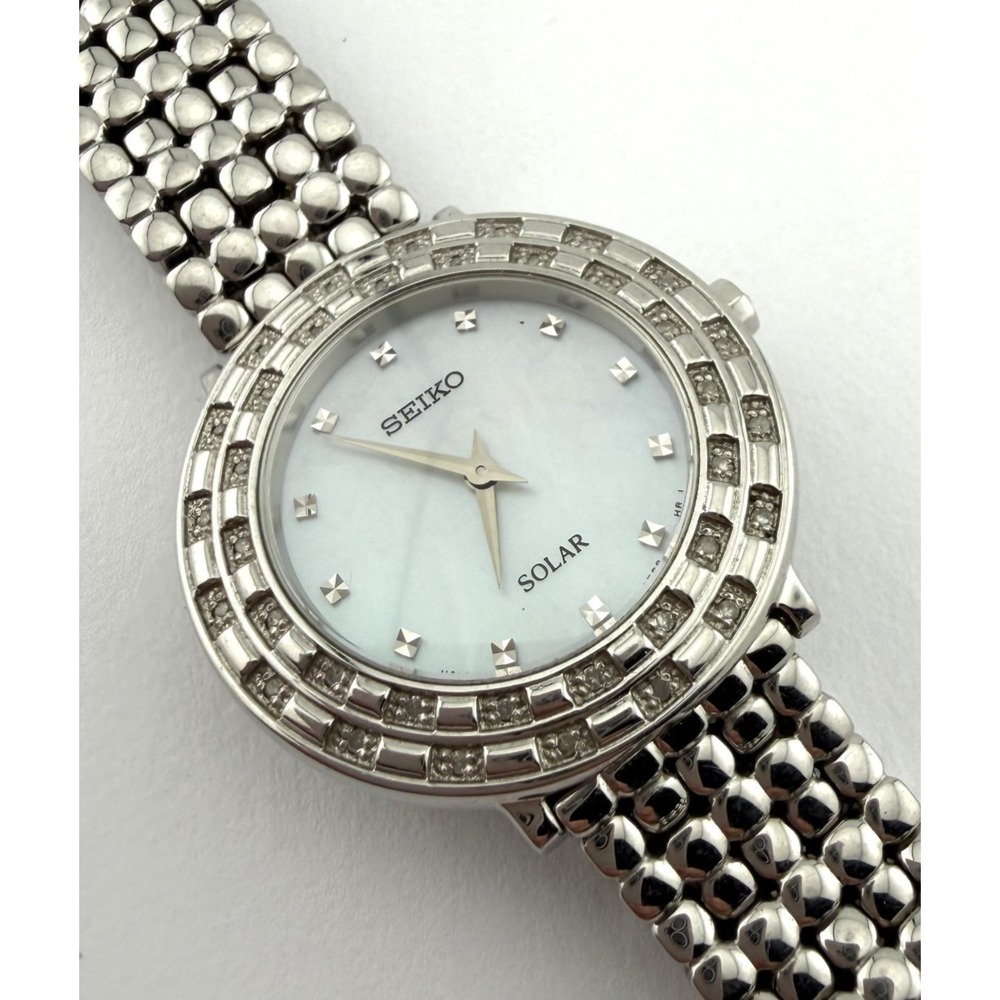 Seiko Solar V115-0CP0 Women's Watch Mother of Pearl Diamond Bezel Stainless